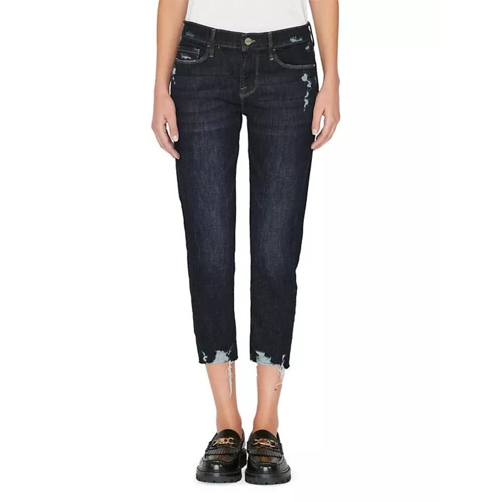 Frame Denim Women's Skinny Jeans in Dark Indigo with Distressed Hem